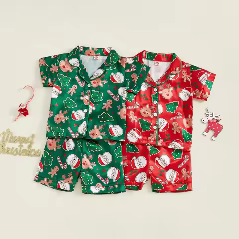 FOCUSNORM 0-6Y Infant Kids Boys Girls Christmas Pajamas Clothes Sets Short Sleeve Gingerbread Man Pr