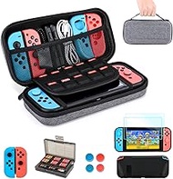 Switch Accessories Bundle, innoAura 11 in 1 Accessories Kit with Carrying Case, Game Card Slot Holder, TPU Cover, Joy Con Covers, Thumb Caps, Tempered Glass Screen Protectors for Nintendo Switch