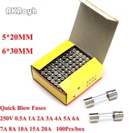 100PCS Fast Blow Insurance Tube 5*20MM GLASS Quick Blow FUSE 5*20 6*30 6*30MM 5X20 250V 0.5A 1A 2A 3