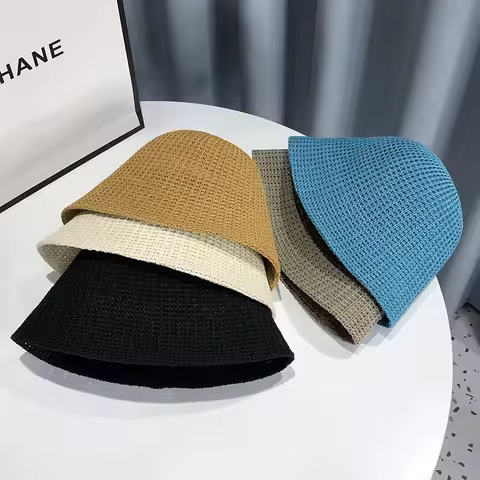 Summer Hollow Woven Fisherman Bucket Hat Women Thin Breathable Sunshade Basin Hat Japanese Bucket Su