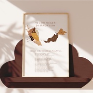 Colourful Malaysia brown theme map Poster with frame (Nursery series) in A3/A4 size