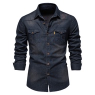 2024 Men's European Size Denim Shirt Men's Casual Solid Color Men's Denim Long-Sleeved Shirt bgt117.