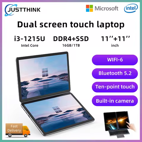 Justthink 11 Inch Intel Core i3-1215U Dual Screen Touch Laptop 16GB RAM 512GB 1TB SSD Wi-Fi 6 Blueto