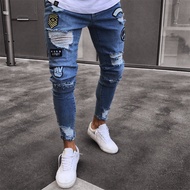 ผู้ชายฤดูร้อนของหลุมเก้าจุดกางเกงยีนส์แนวโน้มเกาหลี Slim Feet ผู้ชายกางเกงยีนส์ Men Slim Denim Jeans pant Destroyed