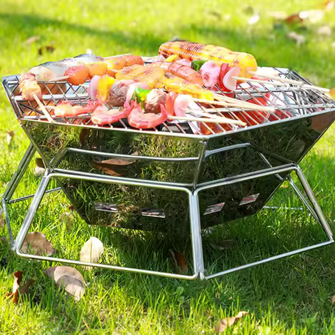 Outdoor Folding Stainless Steel Grill Barbecue Rack Detachable Charcoal Stove BBQ Grill Lightweight