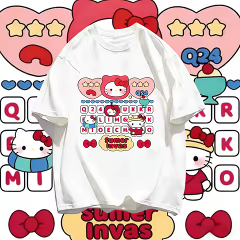 2026 Summer Hello Kitty Retro Keyboard Theme 100% Cotton Printed Extra Large T-Shirt for Adults, Chi