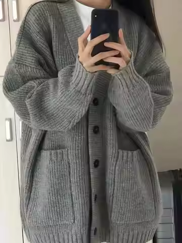 Women's Oversized Rib Knit Cardigan Gray Button Front Long Sleeve Casual Sweater with Pocket