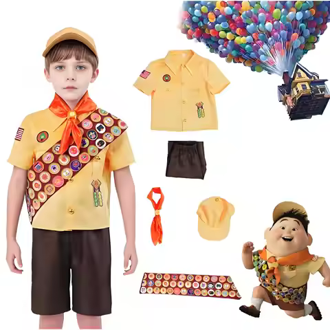 Anime Wilderness Explorer Cosplay Costume Film Up Russell Yellow Shirt Shorts and Hat Outfits for Ha