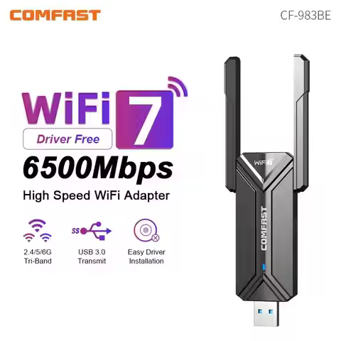 COMFAST WiFi 7 USB Adapter BE6500 2.4G&5.8G&6GHz Tri-band Wireless Network Card 6500Mbps Free-Drive 