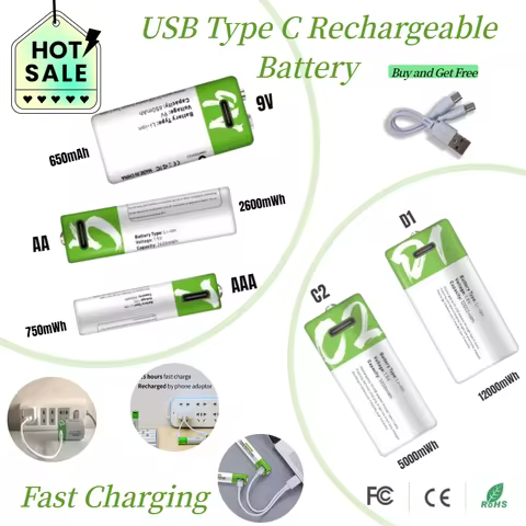 Rechargeable USB AAA/AA/9V/C2/D1 Li-ion Batteries AAA Battery 550mWH / AA Battery 2600mWH /D size Wi