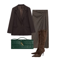 Maji.fashion Coffee Oversized Blazer Khaki Plaid Wrapped Skirt Blazer Set Woman