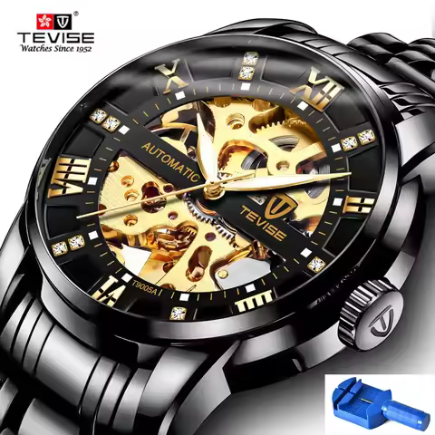 Automatic Skeleton Watches TEVISE T9005A Diamond Scale Luminous Hands Men Watch Mechanical Male Cloc