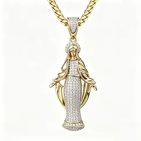 VANAXIN Iced Out Virgin Mary Mama Pendant Religious Jewelry 14k Gold Plated Virgen De Guadalupe Neck