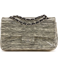 Chanel Black and Beige Striped Patent Classic Double Flap Bag Silver Hardware, 2014