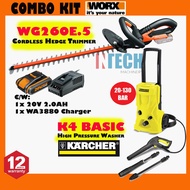 COMBO KIT WORX WG260E.5 CORDLESS HEDGE TRIMMER C/W KARCHER K4 BASIC  HIGH PRESSURE WASHER