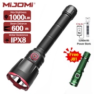 Mijomi อุตสาหกรรมไฟฉาย A9 ความสว่างสูง 1000lumens พร้อมระยะทางลำแสงยาว 600meters ไฟฉายชาร์จไฟได้โดยใ