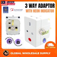 [SIRIM] PREMIUM 13A 3 Way Adapter NEON Light Indicator With Safety Shutter Extension Plug Extension 