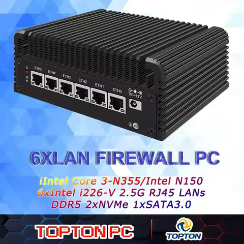 Fanless Mini PC Intel Core N355/N305 i226-V 6*2.5G LAN DDR5 2xNVMe 1xSATA3.0 Firewall Server pfSense