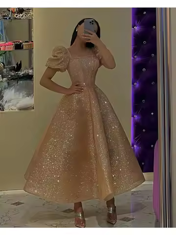 Sparkling Sequin Gold Dubai Evening Dress Tea Length Arabic Prom Dresses Puff Formal Party Ball Gown