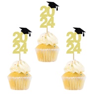 12pcs 2024 Graduation Cap Cupcake Toppers Glitter 2024 Cupcake Grad Cap Picks Decorations for 2024 Graduation Theme Party Supplies