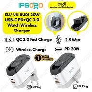BUDI 20W USB-C PD QC3.0 Wall Charger Multi Head with Smart Watch Wireless Charger EU/UK Plug