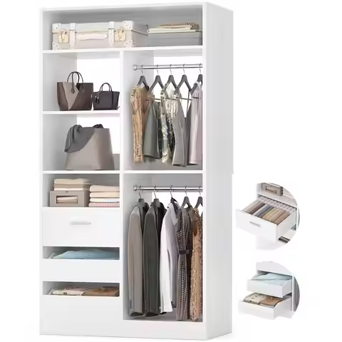 36" Closet Organizer, Wood Wardrobe Cabinet with Closed & Half-Open Drawers, 6 Shelves, Freestanding