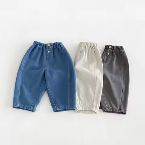 2026 Autumn Boys Trousers Solid Color Elastic Waist Girls Denim Pants Brief Style Autumn Jeans for K