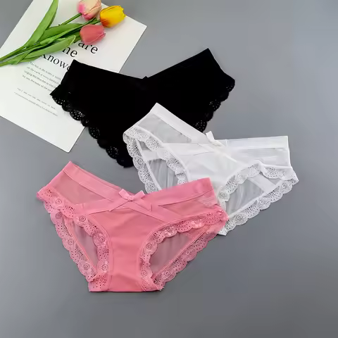3Pcs/Pack V-shape Women's Lace Mesh Panties Ice Silk Seamless Underwear Female Low-Rise Thin Transpa