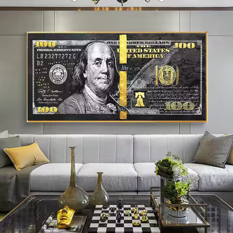 Modern 100 Dollar Canvas Paintings on the Wall Art Posters and Prints Gold Ben Franklin Bill Premium