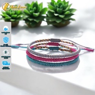 Set of 3 Tibetan thread bracelets in gray, pink, blue, braided with five-color thread at both ends f