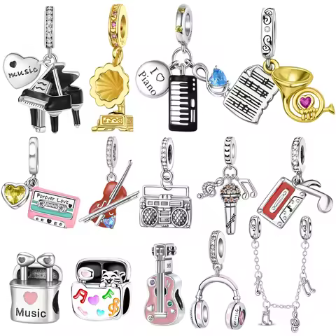 925 Sterling Silver Musical Instrument Charms Beads Piano Guitar Earphone Pendants Earrings Fit Brac