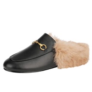 Mules for Women Fluffy Fur Buckle Mule Shoes Backless Loafers Leather Slip-on Flats