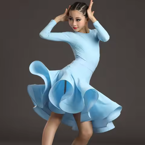 4 Colors Ballroom Dance Dress Competition Practice Clothes New Girls Long Sleeved Latin Dance Dress 