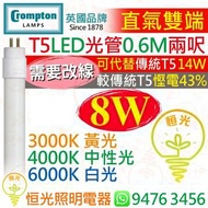 英國 Crompton T5 直氣雙端 8W LED 光管 燈管 兩呎 0.6M 3000K 黃光 4000K 中性光 6000K 白光 可代替傳統T5 14W 較傳統T5慳電43% 實店經營 香港行