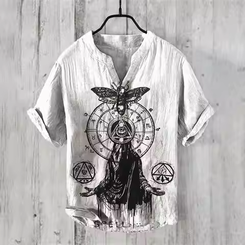 2025 Summer Men's Short sleeved Shirt Linen Printed Shirt Popular Elements Original Large Size Shirt