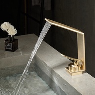Waterfall Basin Faucet Brushed Gold Bathroom Basin Faucet Deck Mounted Counter Crane Hot and Cold Wa