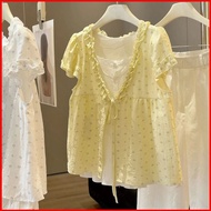 GC1 Women V-Neck top Wooden Ear Floral Short Sleeve Shirt Fake Two-Piece Loose Age-Reducing Doll Blo