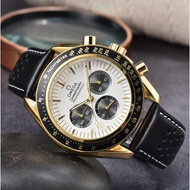 Omega Speedmaster series quartz movement Men's Watch Rui 42mm stainless steel dial 18k white gold case leather strap