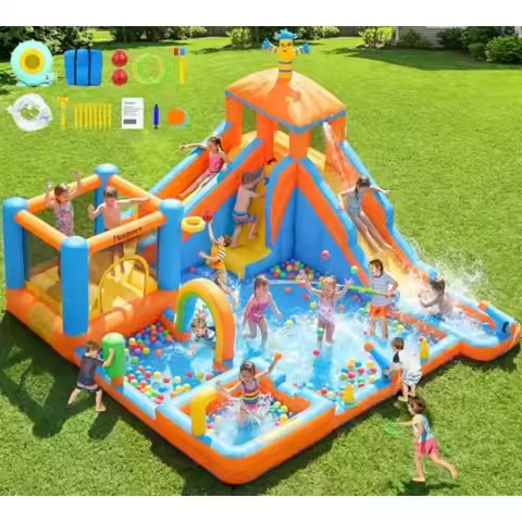 Inflatable Water Slide Bounce House, Double Water Slides Bounce House for 3-12, 11 in 1 Water Park B