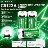PUJIMAX CR123A Battery 2550mWh Type-C Rechargeable 3V with Cable & Case for Camera Flashlight