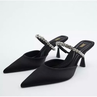 HITAM Zara Shoes Rhinestone - Heels Mules Women -Black - Black Color