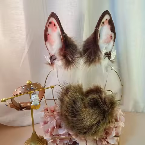 New Handmade Brown Bunny Rabbit Ears Hairhoop Tail Earrings Cosplay Prop Lolita Christmas Acessories