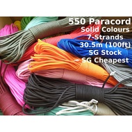 550 Paracord 100ft (30m) Solid Colours - Blues, Greens, Oranges, Yellows, Reds, Pinks, Purple, Black