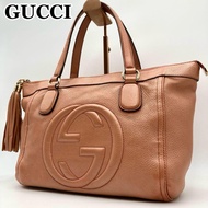 ⁺⊹古董精品⊹⁺┇GUCCI GG標誌流蘇真皮手提包✦粉膚色x香檳金塗層✦稀有顏色