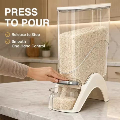 Milky white, slim, vertical rice container, available in 12 lb and 22 lb sizes, one-touch press auto
