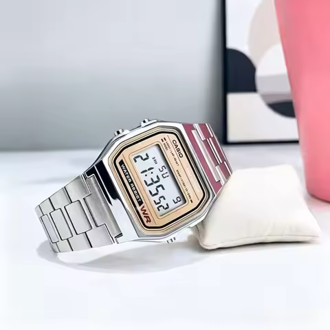 Casio A158WEA-9 Iconic Digital Watch with Gold Inner Bezel, Stainless Steel Strap, Alarm, Chrono, LE