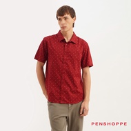 Penshoppe Regular Fit Short Sleeves Shirt with Polka Dots All Over Print For Men (Forest Green/Red)