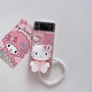 กรณีพับสำหรับ Samsung Galaxy Z Z Flip 3 Z Flip 4 Z Flip4 Z 5G ใหม่เคสแฟชั่นทาสี Hello Kitty Flip3เชือกคล้องมือใส PC แบบแข็งป้องกันการตกฝาหลัง