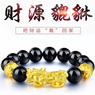 【READY】3D硬足金招财貔貅手链  999 Plated Gold Black AgatePixiu Luck Beads Bracelets