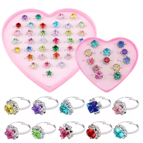 12/36PCS Adjustable Rings Diamond Style with Box Children Birthday Gift Pretend Play Makeup Toys Car